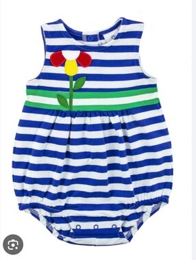 Florence Eiseman Navy & White Striped Baby Romper with Yellow Sun Logo